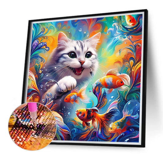 Goldfish And Black And White Cat - Full Round Drill Diamond Painting 40*40CM
