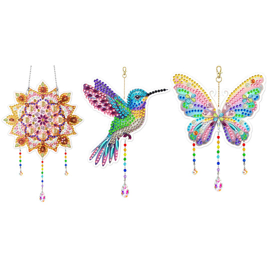3Pcs Acrylic Double Sided Flower Animal Hanging Diamond Art Painting Suncatchers