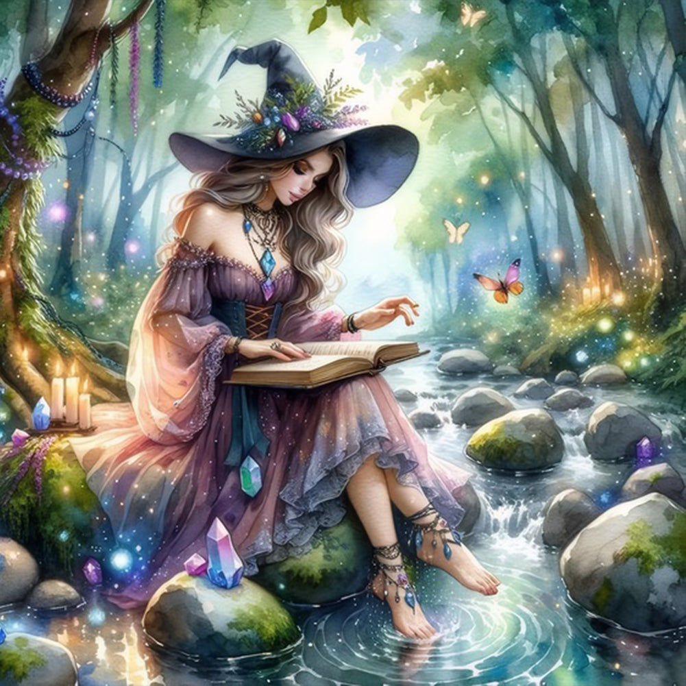 Girl Reading By The Stream - Full Round Drill Diamond Painting 40*40CM