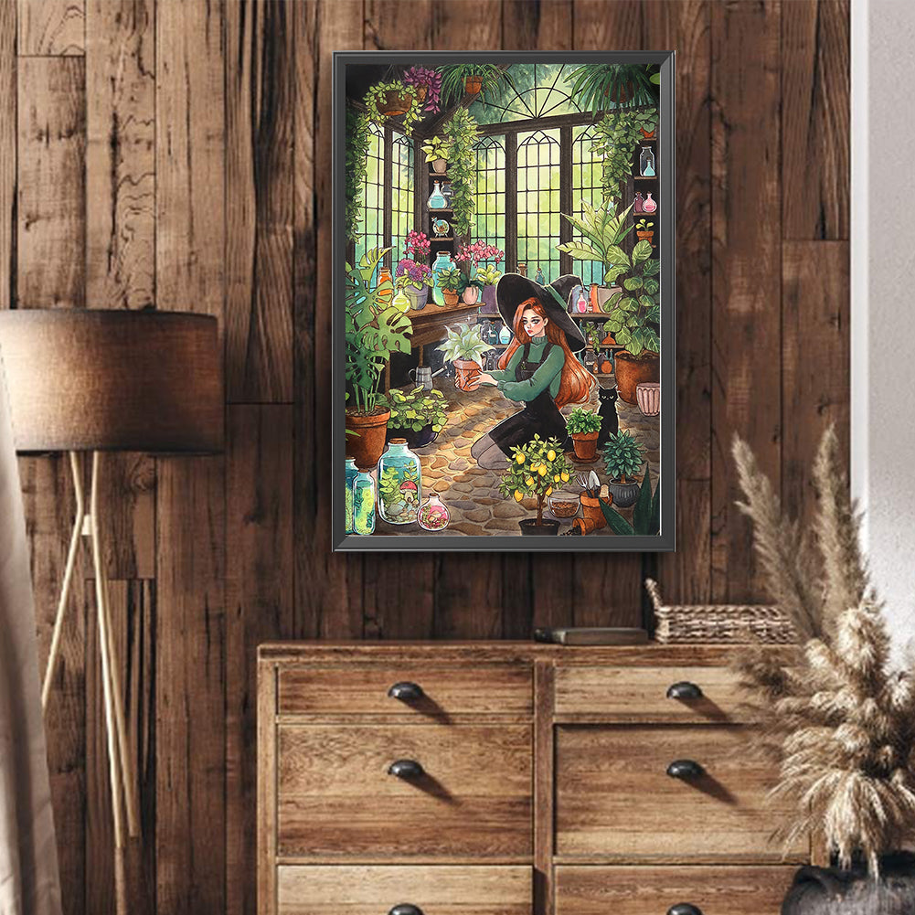 Botanical Garden Girl And Black Cat - Full Round Drill Diamond Painting 40*60CM