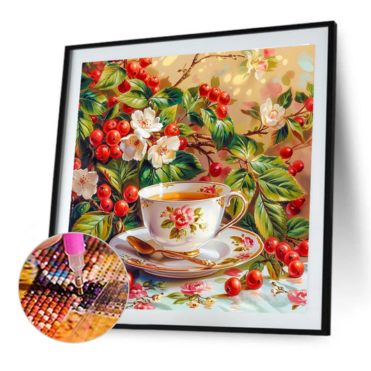 Red Bean And White Flower Porcelain Cup - Full Round Drill Diamond Painting 40*40CM