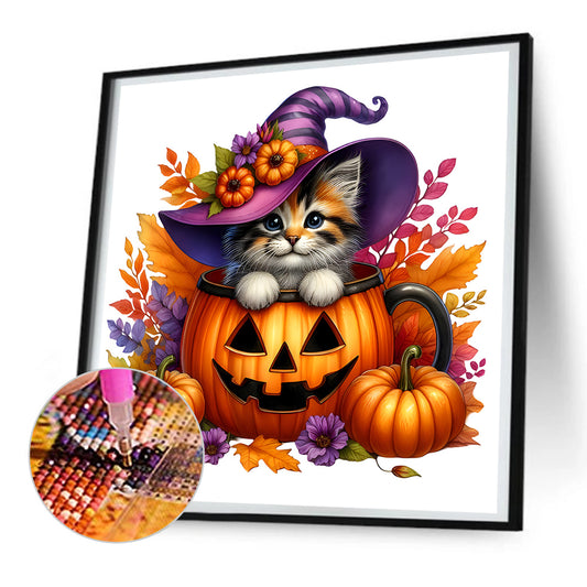 Halloween Pumpkin Kitten - Full Round Drill Diamond Painting 30*30CM