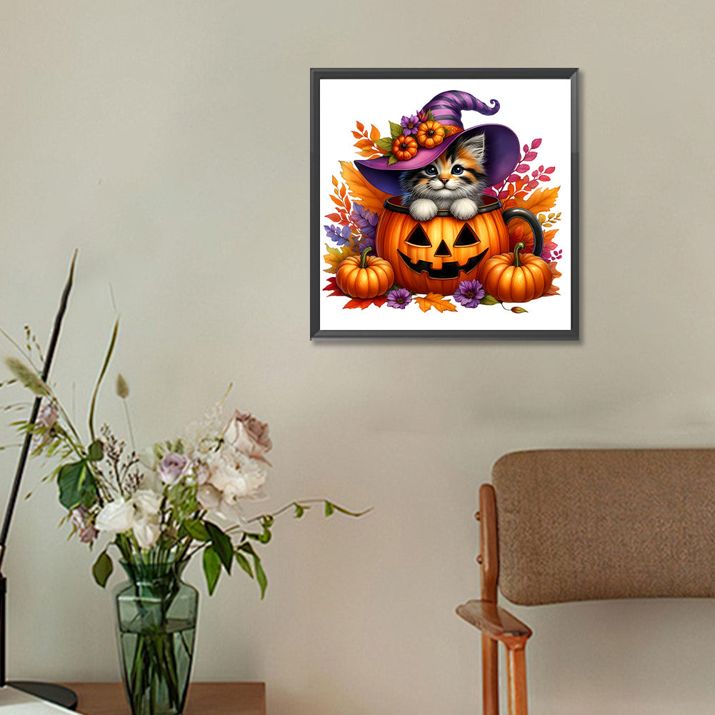 Halloween Pumpkin Kitten - Full Round Drill Diamond Painting 30*30CM
