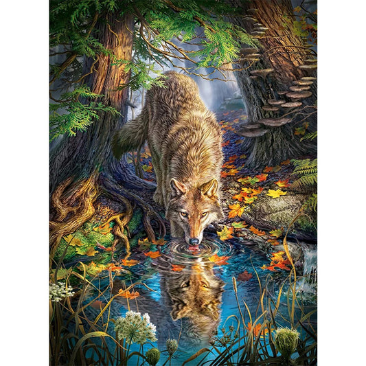 Wolf Drinking Water - Full Round Drill Diamond Painting 55*75CM