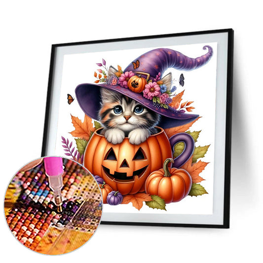 Halloween Pumpkin Kitten - Full Round Drill Diamond Painting 30*30CM