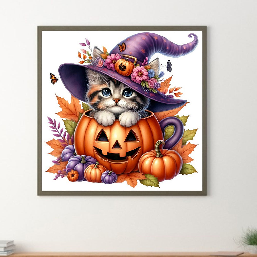 Halloween Pumpkin Kitten - Full Round Drill Diamond Painting 30*30CM