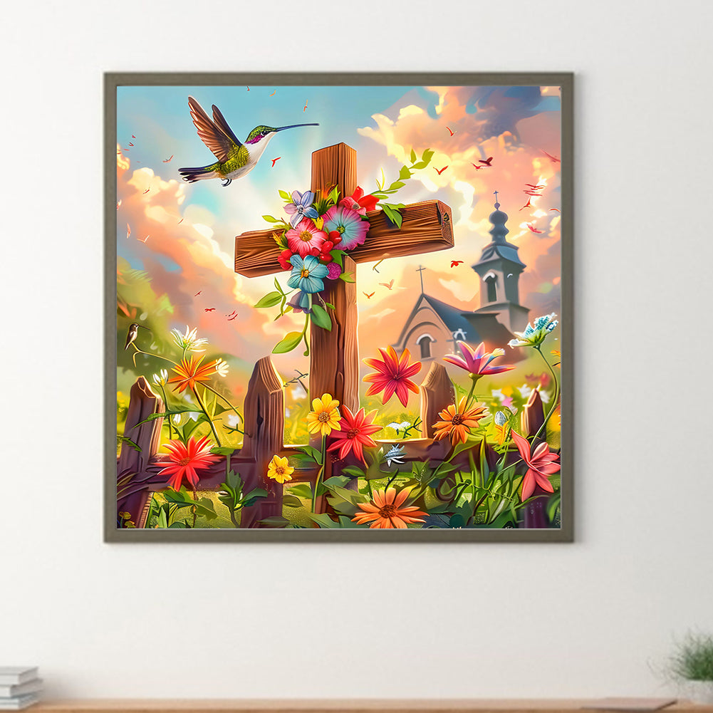 Flower Cross Hummingbird Church - Full Round Drill Diamond Painting 30*30CM