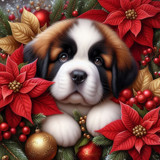 Christmas Poinsettia Dog - Full AB Square Drill Diamond Painting 40*40CM