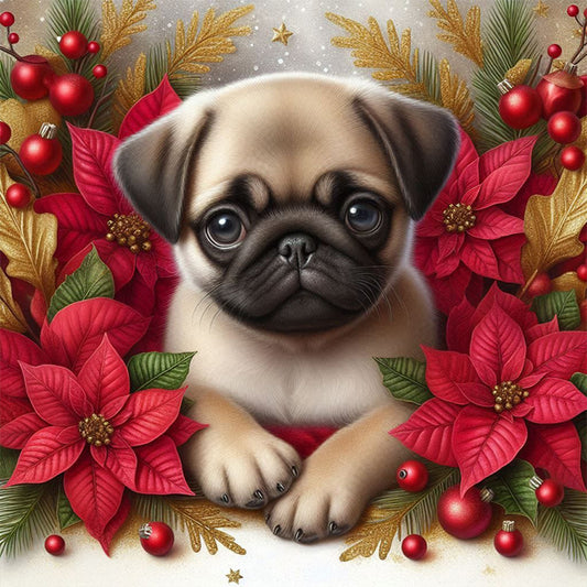 Christmas Poinsettia Dog - Full AB Square Drill Diamond Painting 40*40CM