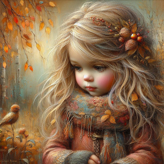 Little Girl With Falling Autumn Leaves - Full Square Drill Diamond Painting 40*40CM