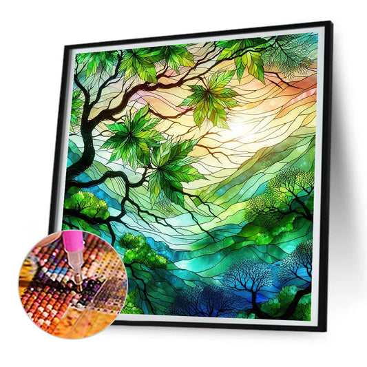 Glass Painting Green Maple Leaf - Full Round Drill Diamond Painting 30*30CM