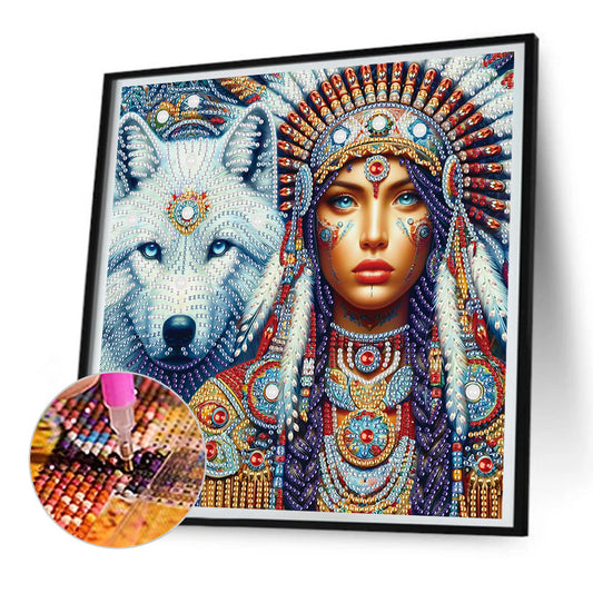 Indian Woman And White Wolf - Partial Special-Shaped Drill Diamond Painting 30*30CM