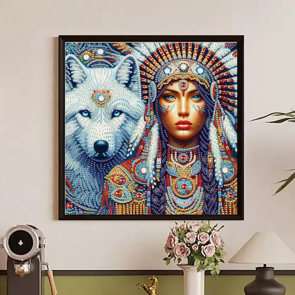 Indian Woman And White Wolf - Partial Special-Shaped Drill Diamond Painting 30*30CM