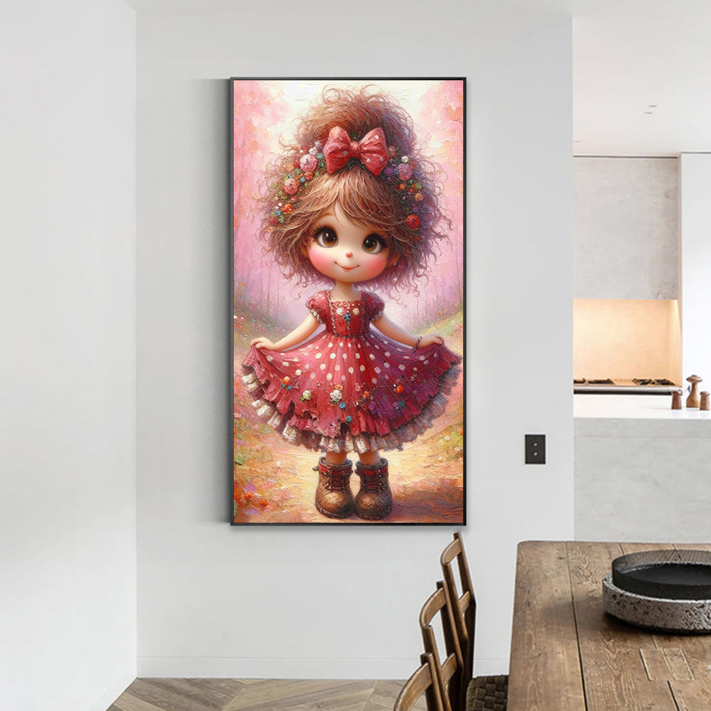 Floral Red Dress Girl - Full Round Drill Diamond Painting 40*70CM