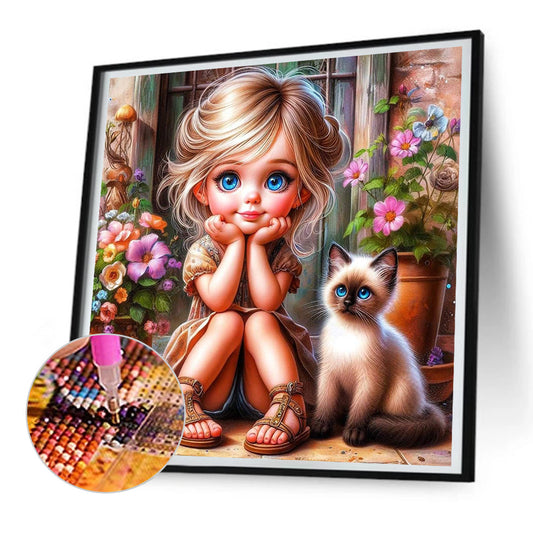 Door Girl And Kitten Girl - Full Round Drill Diamond Painting 30*30CM