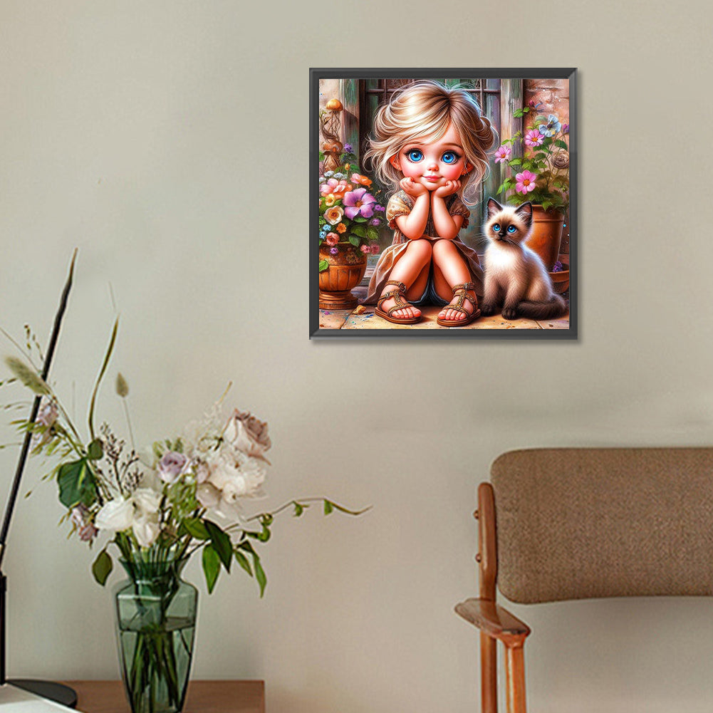 Door Girl And Kitten Girl - Full Round Drill Diamond Painting 30*30CM