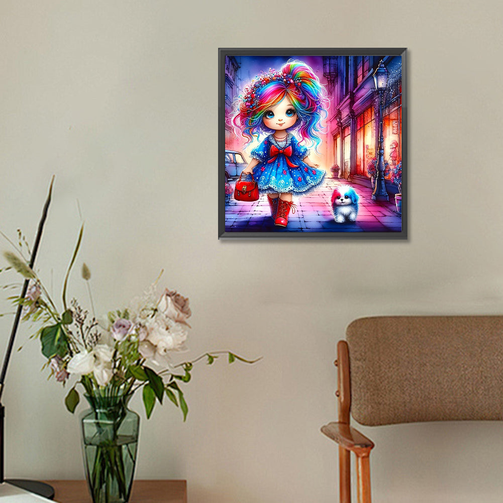 Colorful Hair Girl And Colorful Puppy - Full Round Drill Diamond Painting 30*30CM