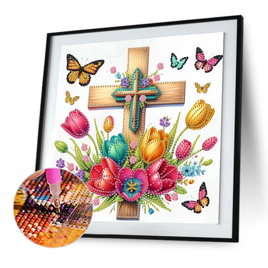 Cross And Flower - Special Shaped Drill Diamond Painting 30*30CM