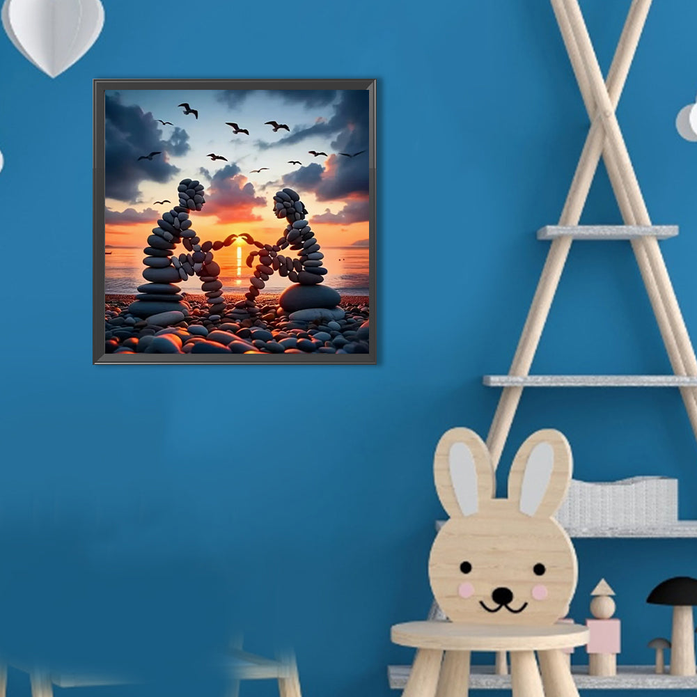 Stone Art Couple At Sunset - Full Round Drill Diamond Painting 30*30CM