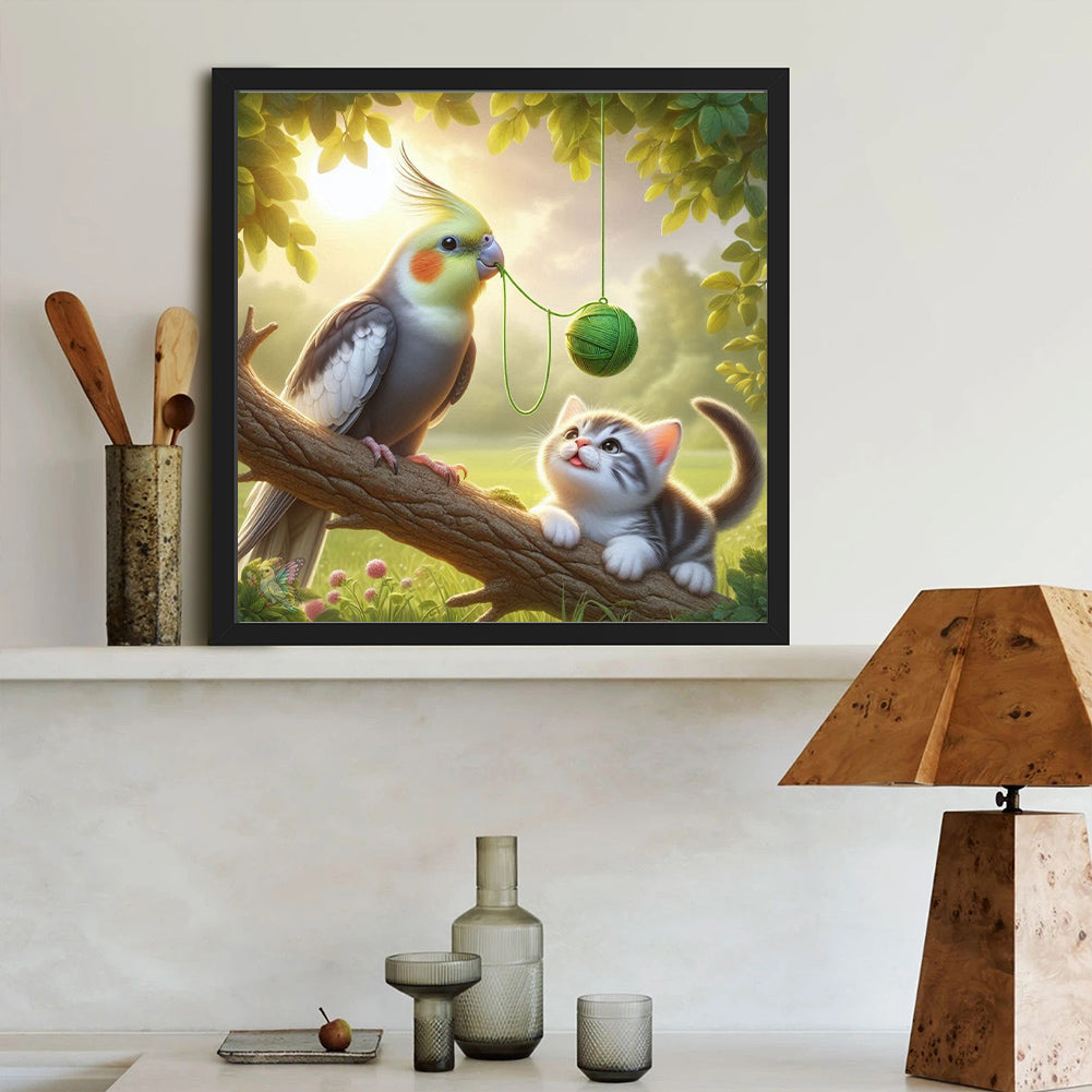 Parrot And Cat - Full Round Drill Diamond Painting 40*40CM