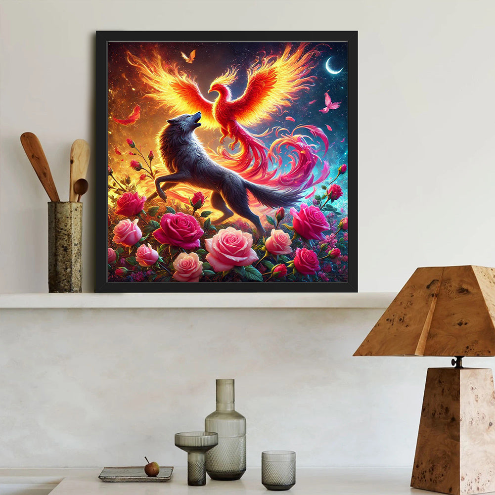 Phoenix And Wolf In Rose Field - Full Round Drill Diamond Painting 40*40CM