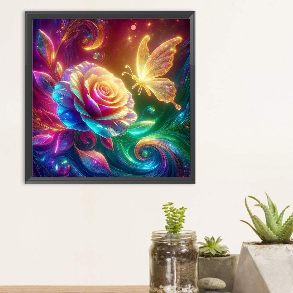 Rose And Glowing Butterfly - Full Round Drill Diamond Painting 30*30CM