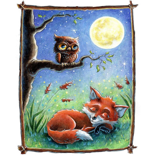 Owl And Fox Under The Moon - Full AB Round Drill Diamond Painting 40*50CM