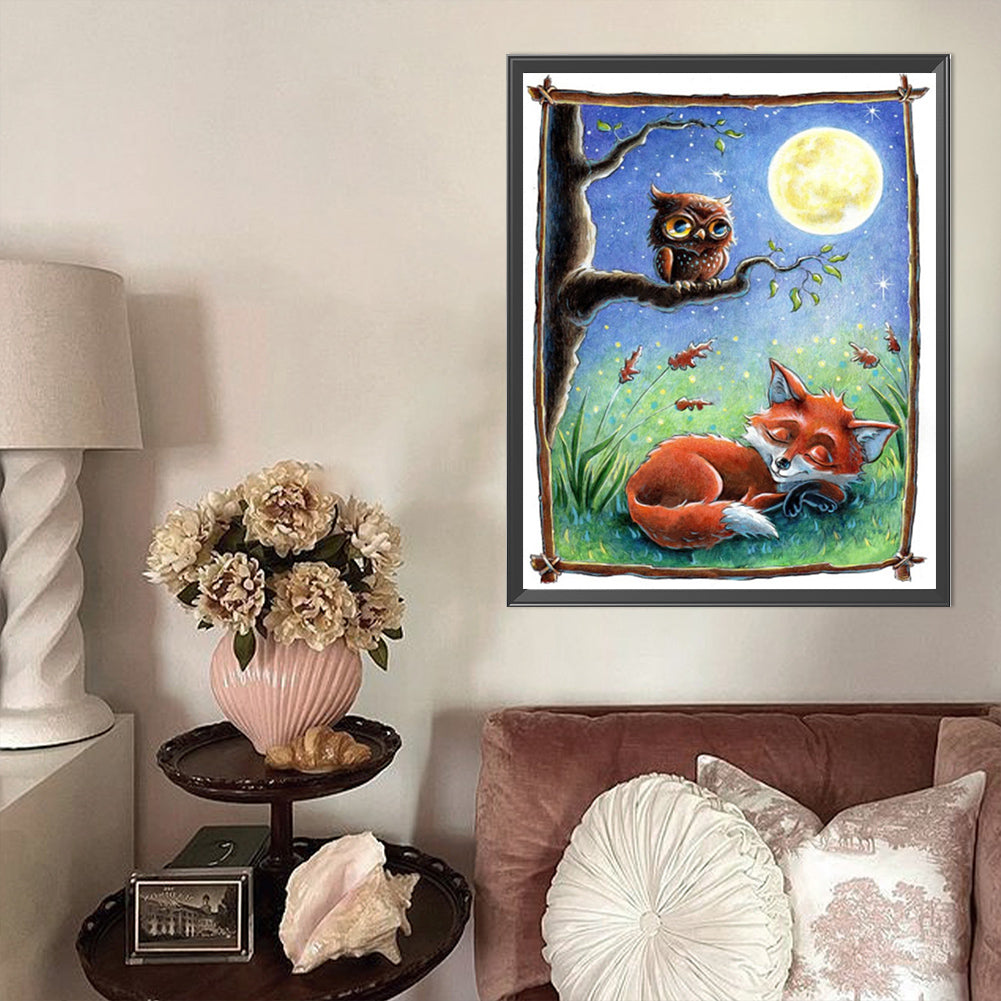 Owl And Fox Under The Moon - Full AB Round Drill Diamond Painting 40*50CM