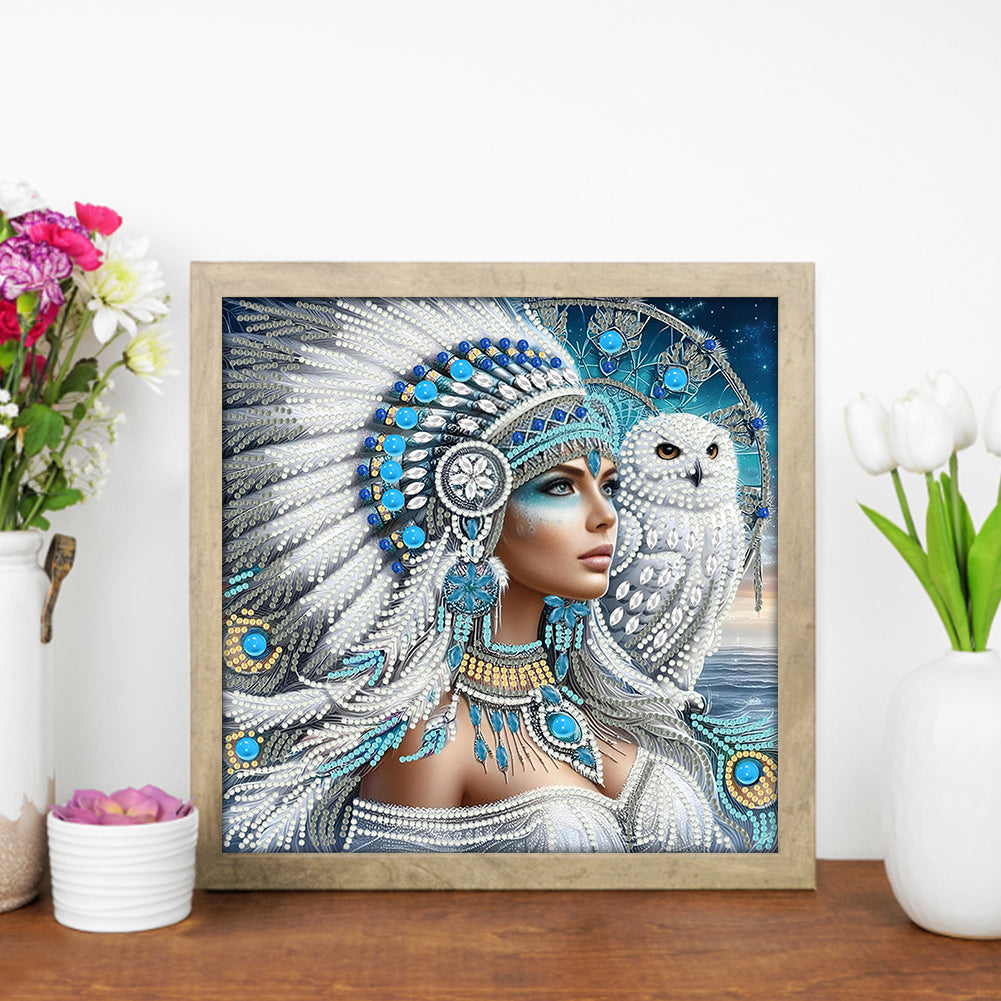 Indian Girl And White Owl - Special Shaped Drill Diamond Painting 30*30CM