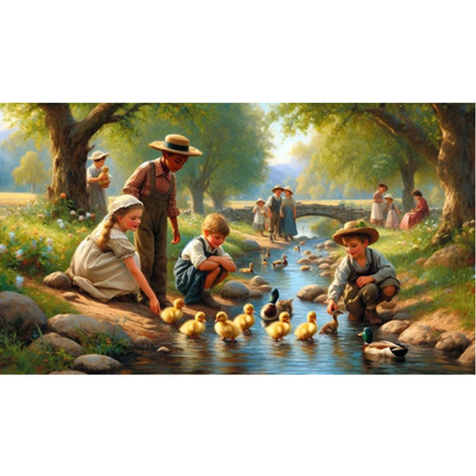 Children Playing With Ducks By The Stream - Full Square Drill Diamond Painting 70*40CM