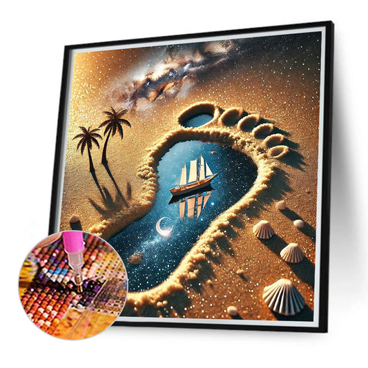 Desert Footprints, Starry Sky, Sailboat - Full Round Drill Diamond Painting 40*40CM