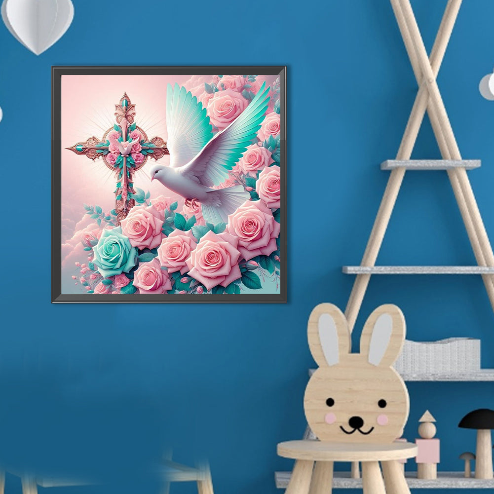 Cross Rose White Dove - Full Round Drill Diamond Painting 40*40CM