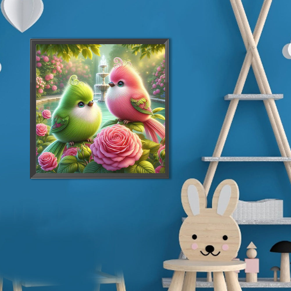 Green And Pink Bird In The Fountain Flower Forest - Full Round Drill Diamond Painting 40*40CM