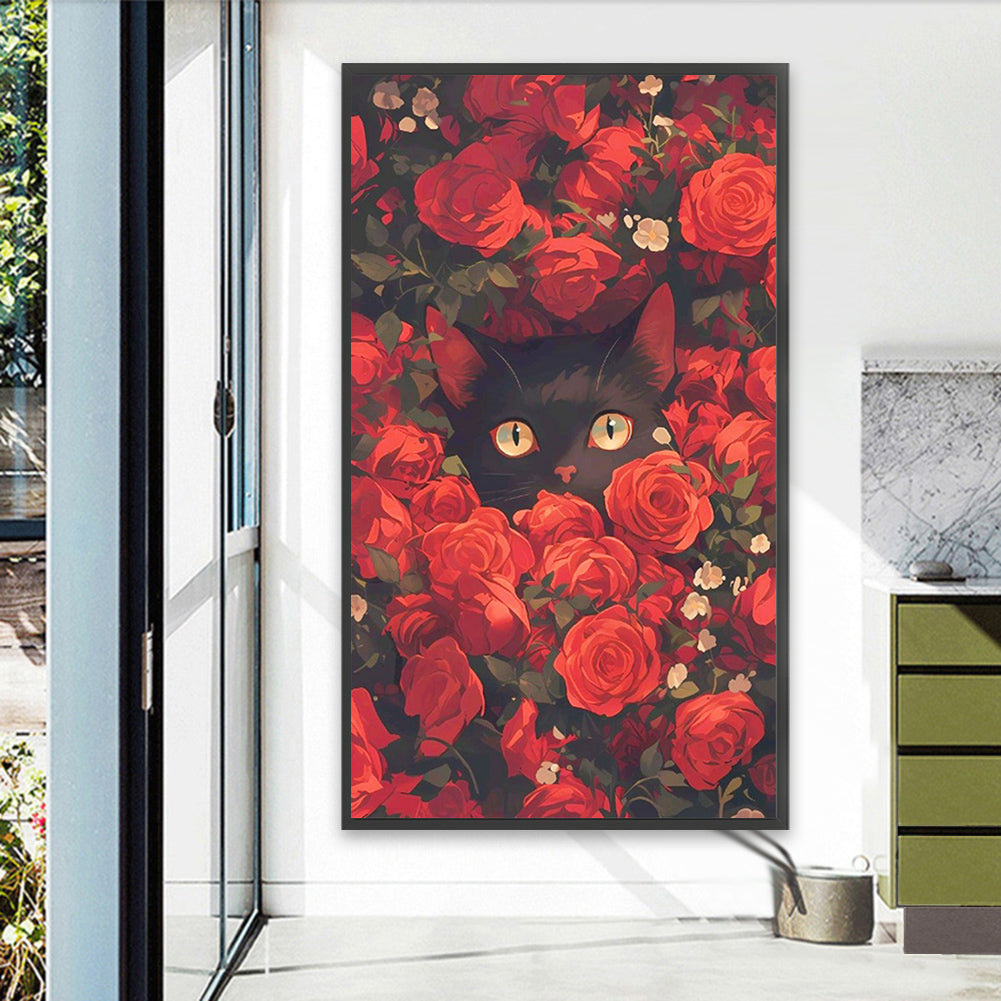 Black Cat In The Red Rose Bush - Full AB Round Drill Diamond Painting 40*70CM
