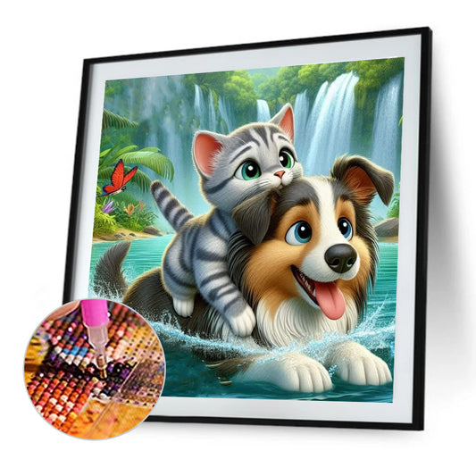 Lake Kitten And Puppy - Full Round Drill Diamond Painting 30*30CM
