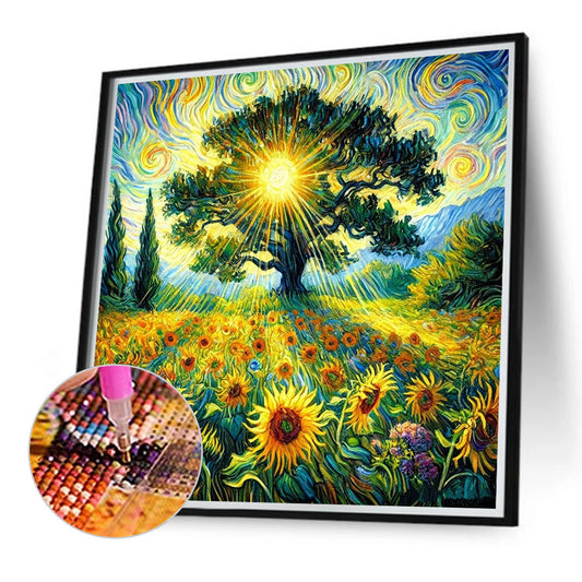 Landscape Painting Of Tree Of Life Sunflower Field - Full Round Drill Diamond Painting 40*40CM