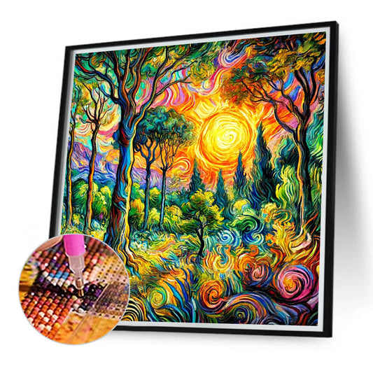 Landscape Painting Of Sunrise Forest - Full Round Drill Diamond Painting 40*40CM