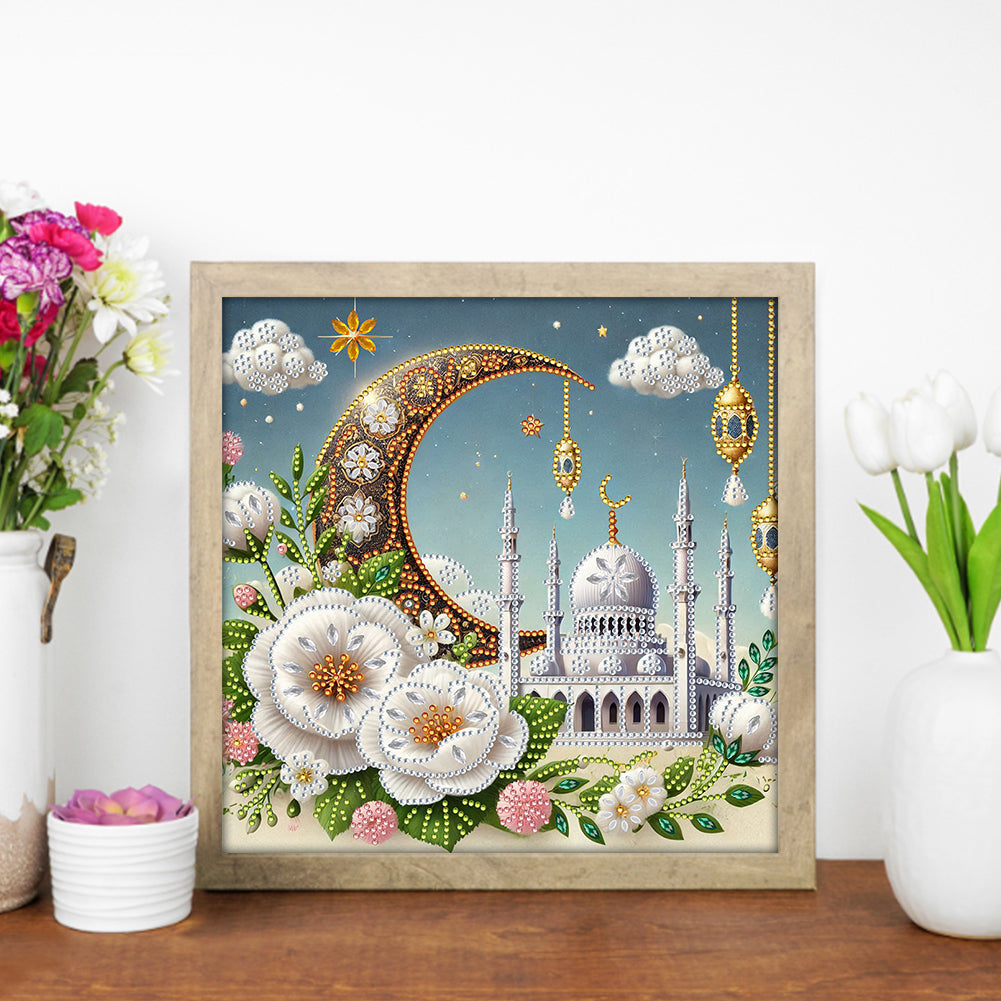 White Flower Crescent Castle - Special Shaped Drill Diamond Painting 30*30CM