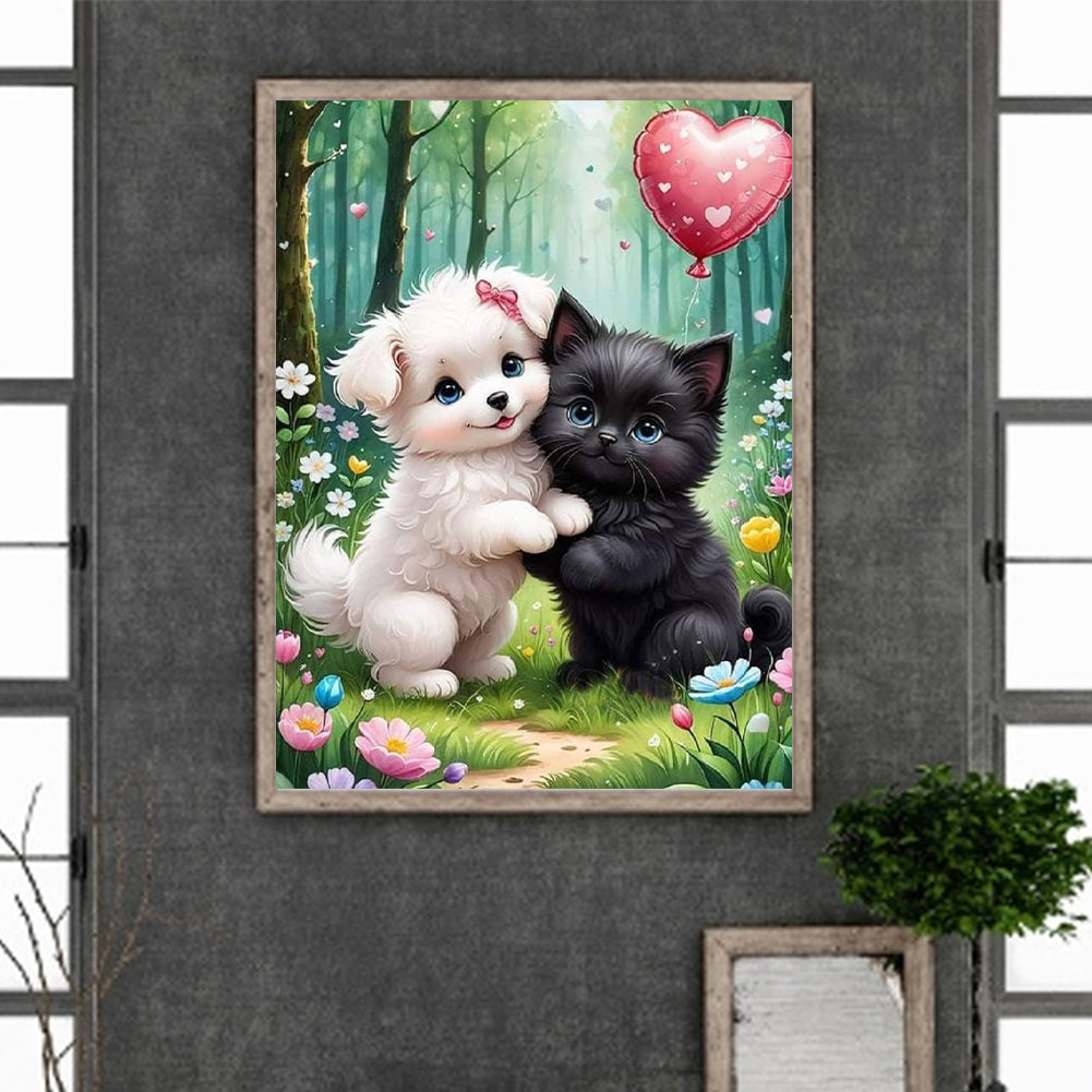 White Dog And Black Cat - Full Round Drill Diamond Painting 30*40CM