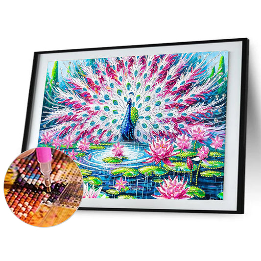 Lotus Pond Peacock - Special Shaped Drill Diamond Painting 40*30CM