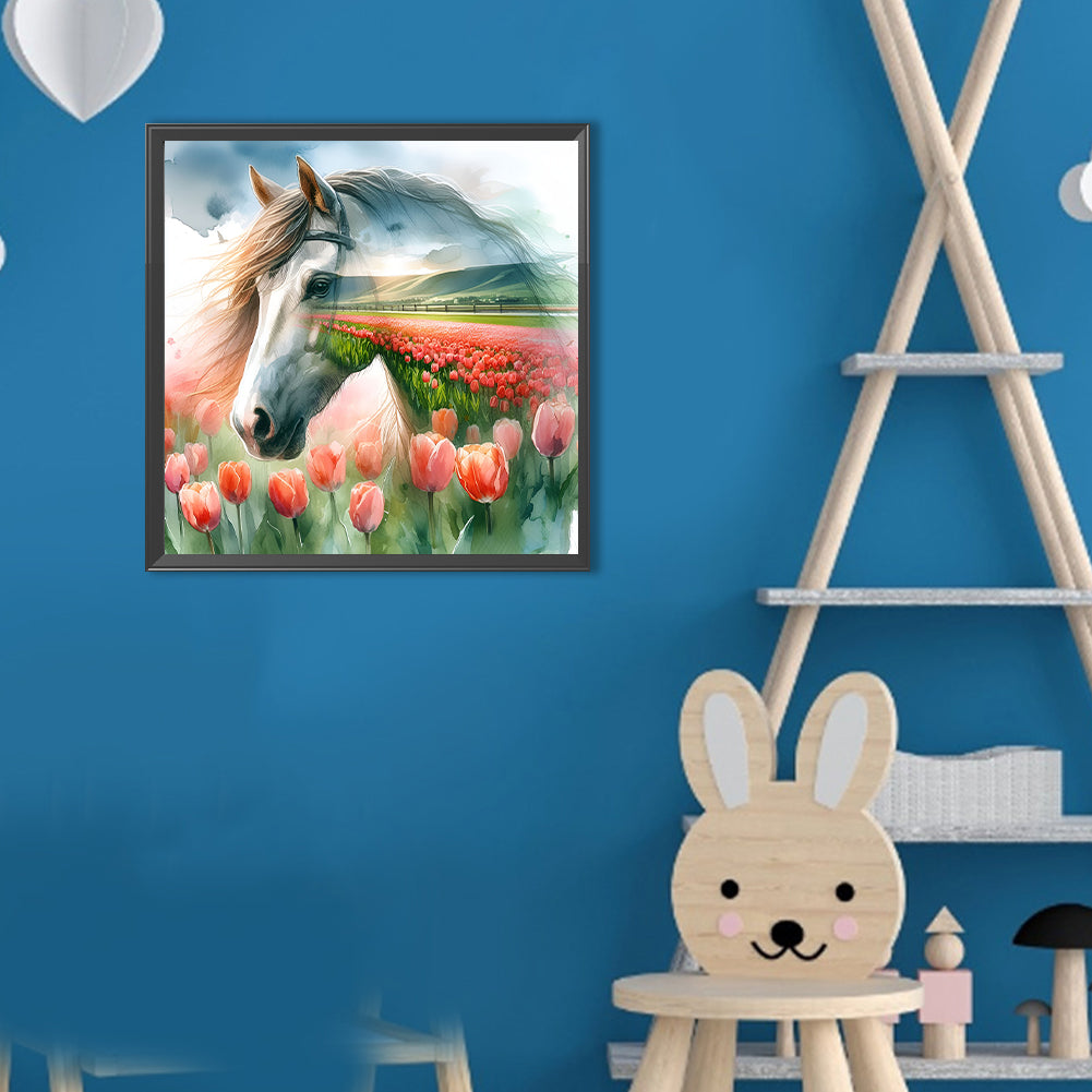 Horse And Tulip Flower Sea - Full Round Drill Diamond Painting 30*30CM