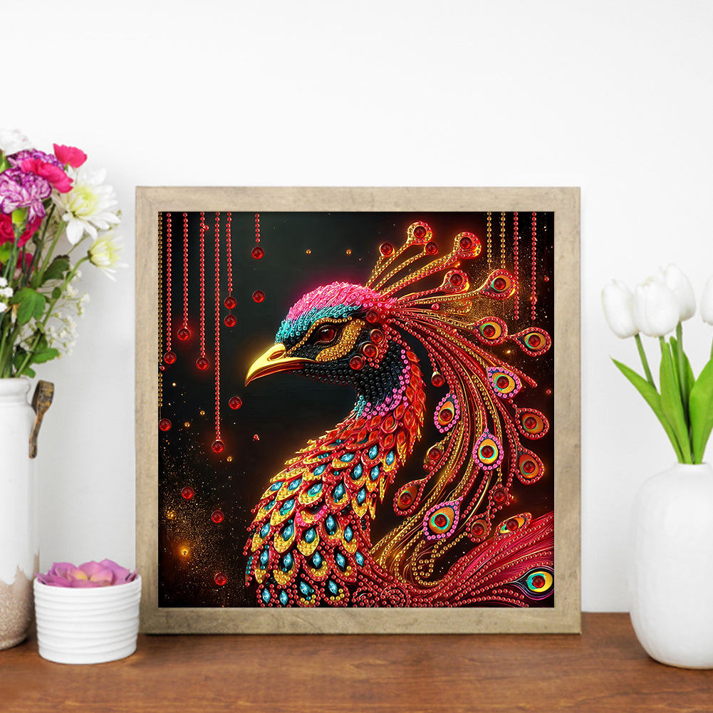 Red Kong Peacock - Special Shaped Drill Diamond Painting 30*30CM