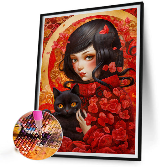 Girl And Cat - Full Round Drill Diamond Painting 40*50CM