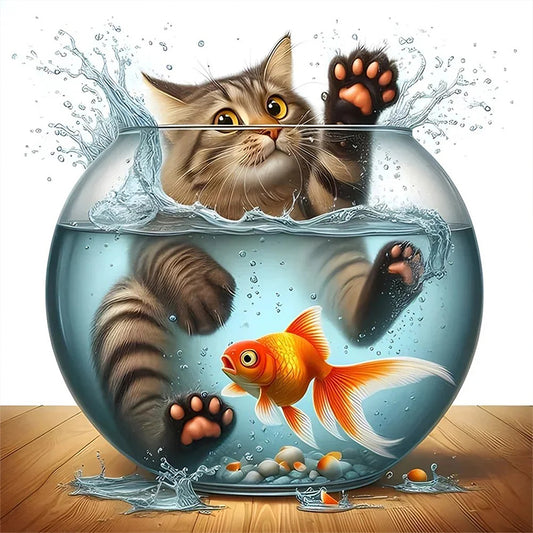 Cat In Goldfish - Full AB Round Drill Diamond Painting 40*40CM