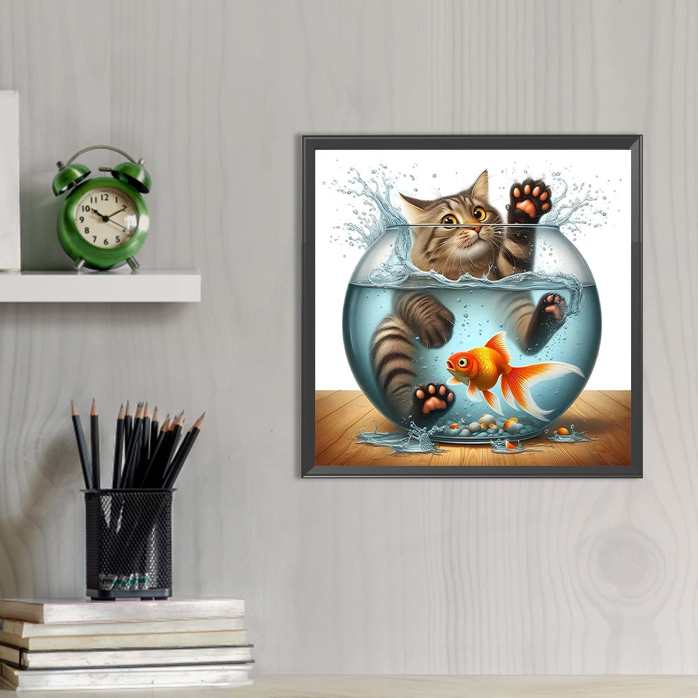 Cat In Goldfish - Full AB Round Drill Diamond Painting 40*40CM