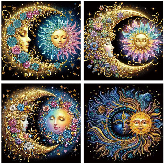 4 Pcs Flowers, Stars And Moon - Special Shaped Drill Diamond Painting 30*30CM