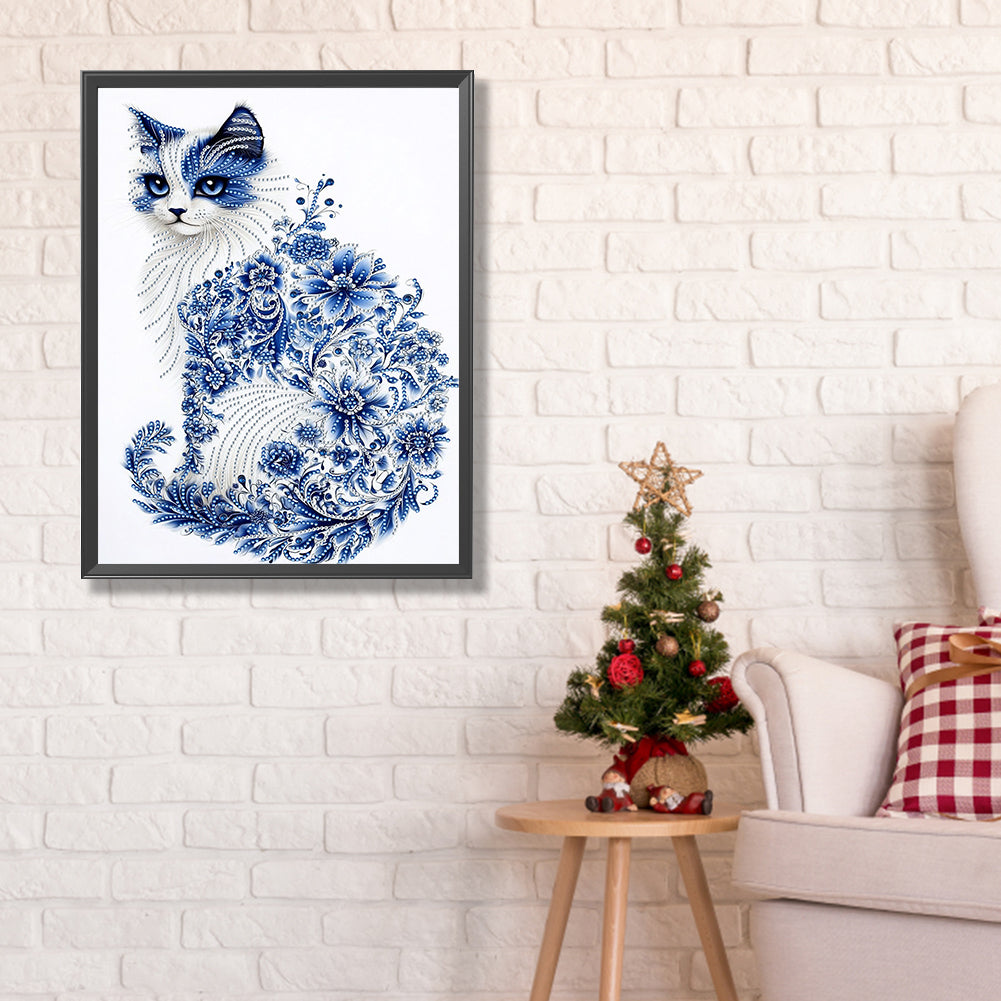 Celadon Flower Style Kitten - Special Shaped Drill Diamond Painting 30*40CM