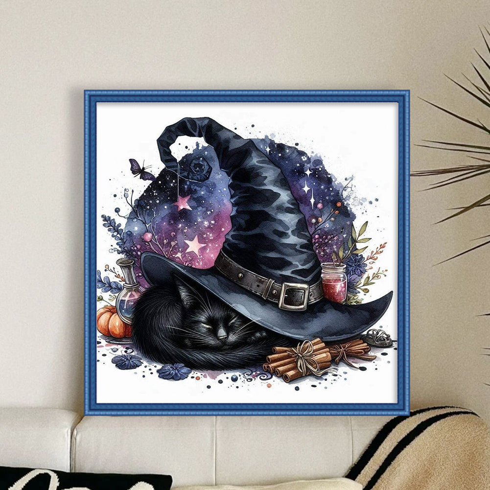 Halloween Wizard Hat Black Cat - 11CT Stamped Cross Stitch 40*40CM
