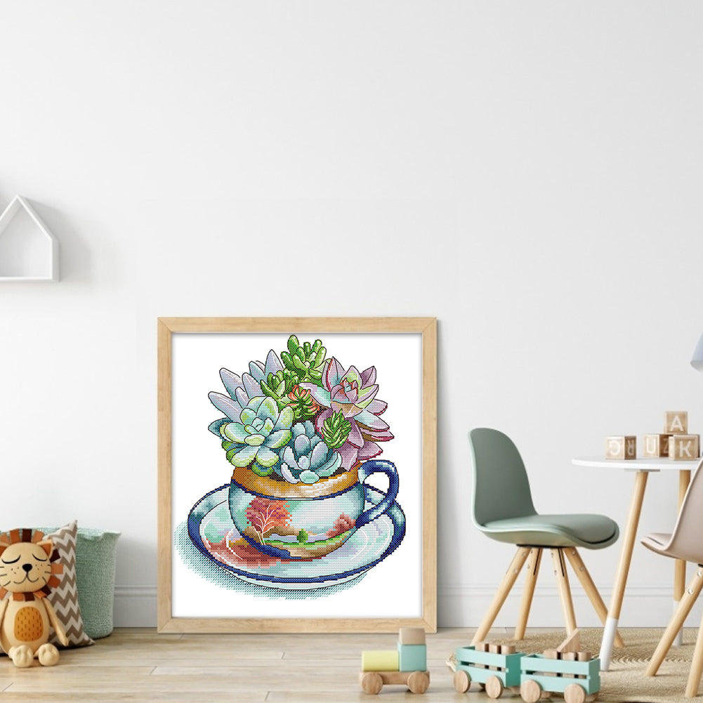 Teacup Succulent Frame - 14CT Stamped Cross Stitch 27*29CM(Joy Sunday)