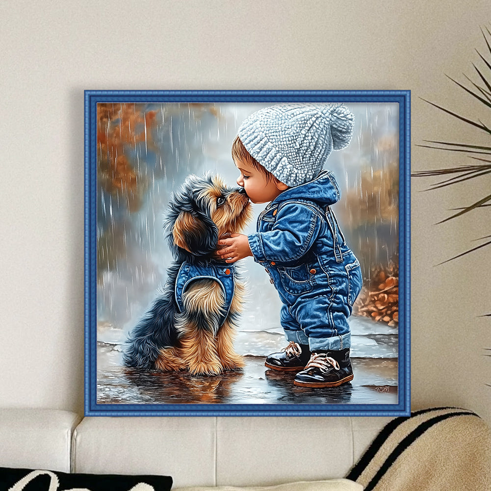 Little Boy And Dog - 11CT Stamped Cross Stitch 40*40CM